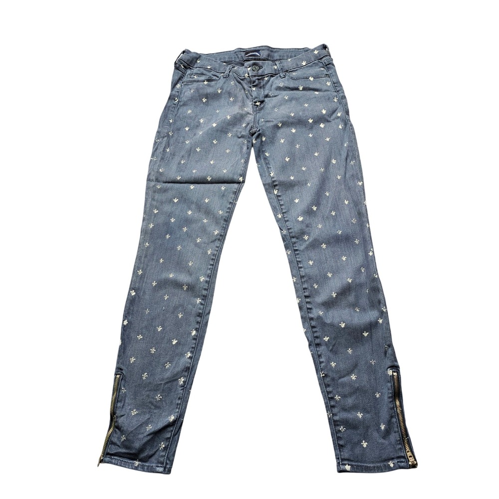 Mother Denim Fleur De Lis Embroidered Skinny Jeans Blue Womens 29 Ankle Zip Pant